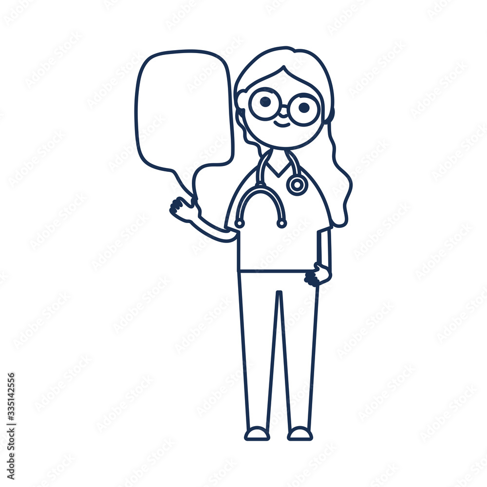 cute doctor woman standing and speech bubble icon, line style cute doctor woman standing and speech bubble icon, line style