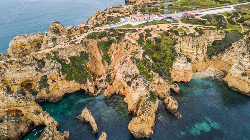 Aerial view of Ponta da Piedade  in Lagos  Algarve  Portugal. Cliff rocks on sea at Ponta da Piedade  Algarve region  Portugal