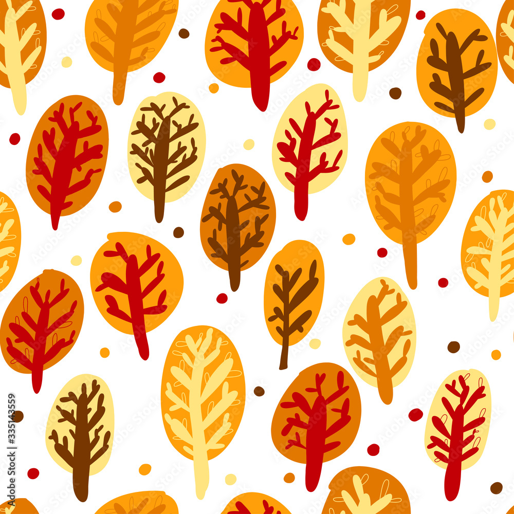 Obraz premium Nice autumn hand drawn trees in five colors. Seamless pattern.