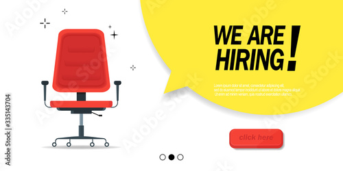 We are hiring, banner concept, vacant position. Empty office chair as a sign of free vacancy isolated on a white background. Send us your resume. Vector illustration.