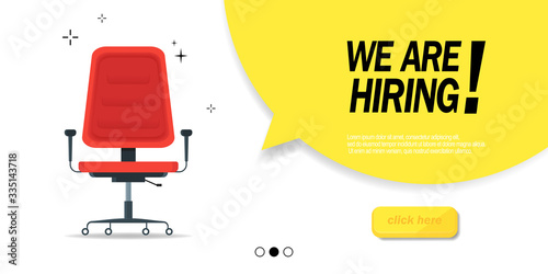 We are hiring, banner concept, vacant position. Empty office chair as a sign of free vacancy isolated on a white background. Send us your resume. Vector illustration.