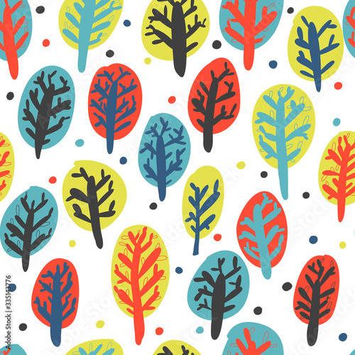 Nice autumn hand drawn trees in five colors. Seamless pattern. © katyalitvin