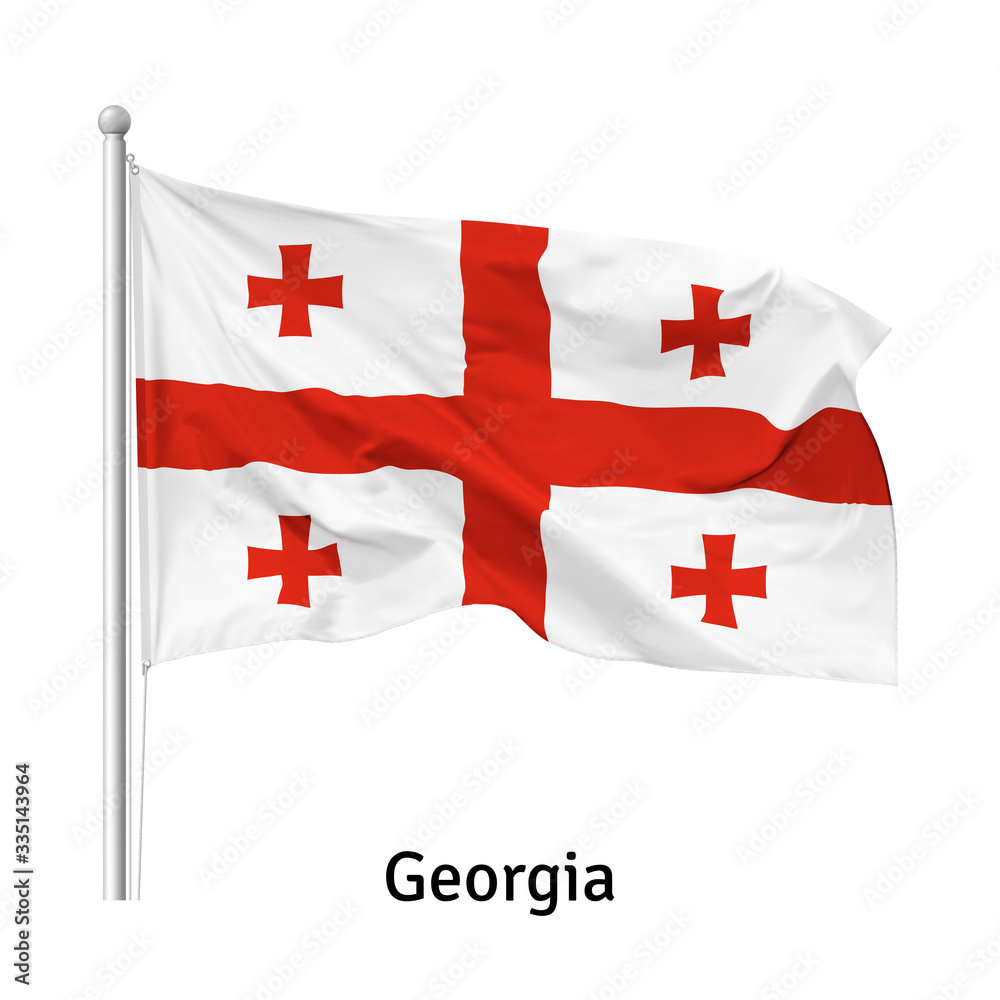 Flag of the Republic of Georgia in the wind on flagpole, isolated on white background, vector