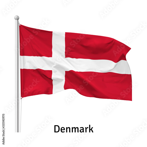 Flag of the Kingdom of Denmark in the wind on flagpole, isolated on white background, vector