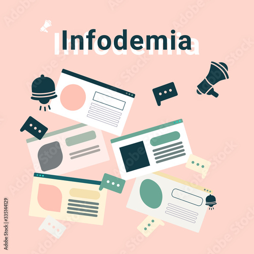 Infodemia text on beige backdrop. Web news symbol for social banner or propaganda poster, social network warning, info card. Website template or mockup. Minimal style stock vector illustration photo