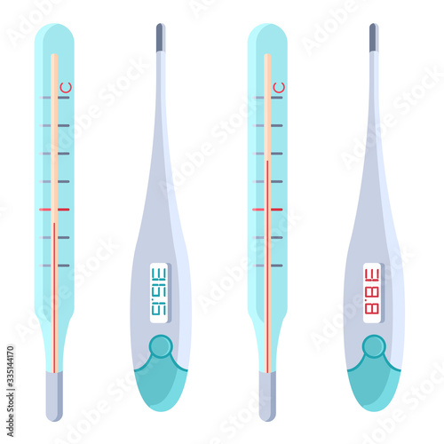 Body thermometers on white isolated backdrop. Sticker set for social banner or propaganda, website element, medical poster. Chemist shop logo or info card. Minimal style stock vector illustration