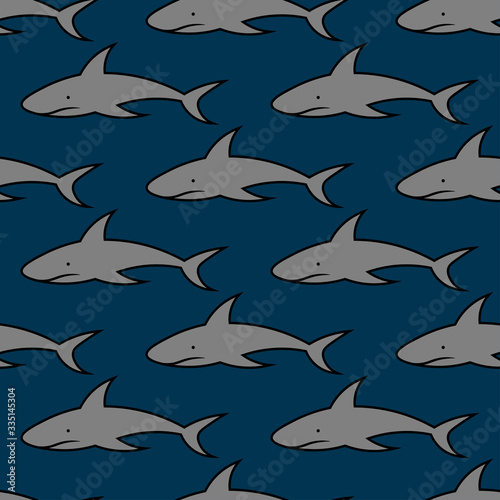 Cartoon sharks isolated on a dark blue background. Baby seamless pattern. Vector hand drawn graphic illustration. Texture.