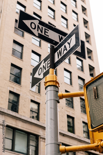 Directional signs on a vertical pole in New York City