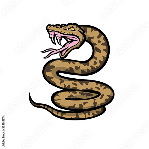 Mascot icon illustration of an aggressive habu snake, Okinawa habu or Kume Shima habu, a species of venomous pit viper endemic to Japan, baring it's fangs on isolated background in retro style.