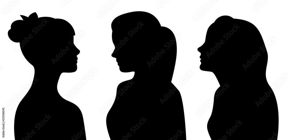 Head silhouettes of three women. Black and white.