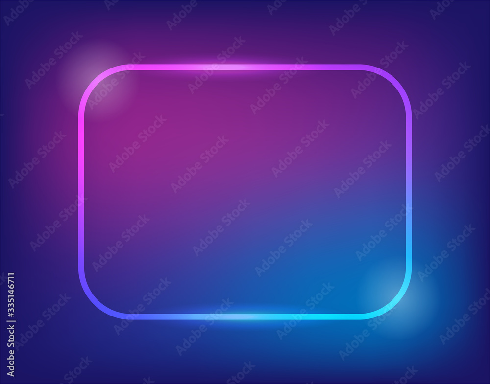 Neon sign.Rectangle glowing light banner with blank space. Electric rectangle frame on dark blue and pink background.Neon right-angled background with flares and sparkles. Vintage vector illustration Neon sign.Rectangle glowing light banner with blank space. Electric rectangle frame on dark blue and pink background.Neon right-angled background with flares and sparkles. Vintage vector illustration