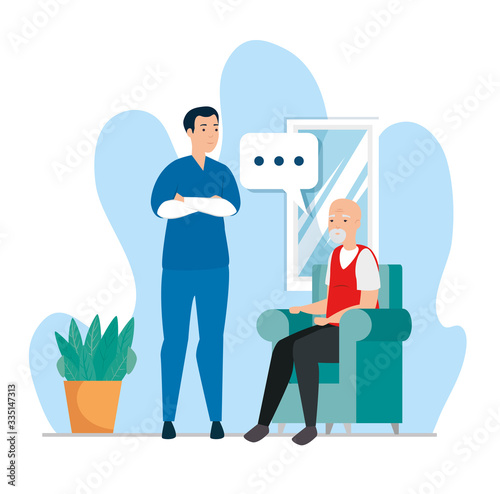 old man in waiting room with paramedic vector illustration design