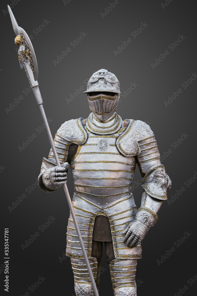 Obraz premium The uniform of a medieval knight with an ax, beautiful armor, decor for the interior