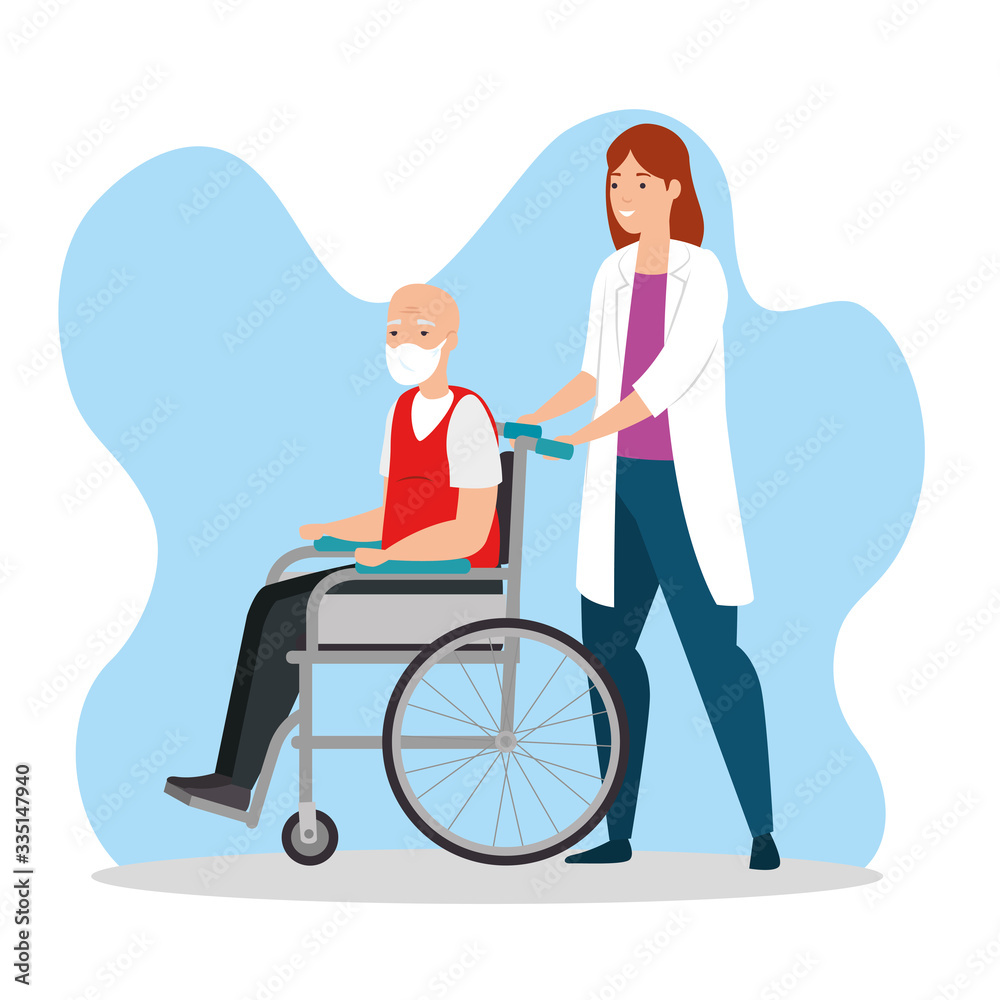 old man in wheelchair with doctor female vector illustration design old man in wheelchair with doctor female vector illustration design
