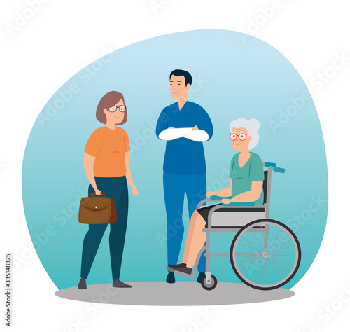 old woman with respiratory protection and people vector illustration design