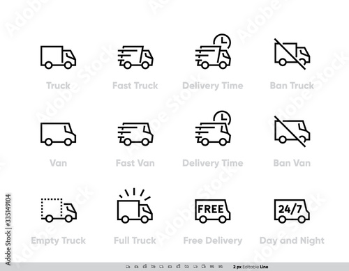 Delivery Truck icons set. Fast Truck, Minibus, Van, Delivery in Time, Ban, 24-7 Free Delivery. Vector Editable Line