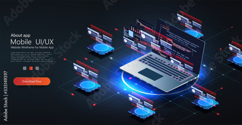 Web development concept in flat design. Developing of internet app or online website service. Software development coding process concept. Programming, testing cross platform code,app on laptop. UX/UI