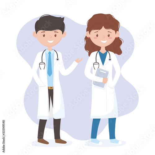 female and male physician with uniform and stethoscope medical staff professional practitioner cartoon character