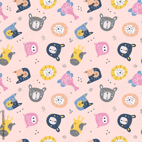 Baby kids pattern with hand-drawn of animals face in the pastel backdrop