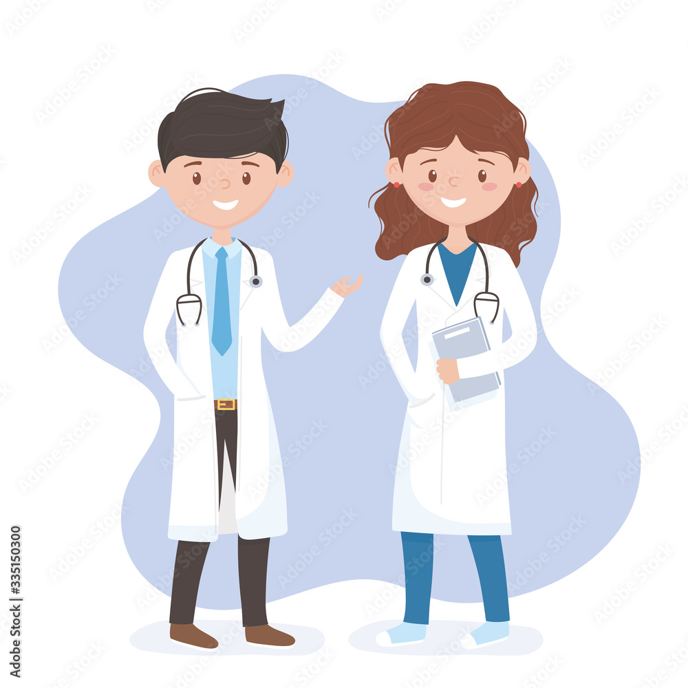 female and male physician with uniform and stethoscope medical staff professional cartoon character