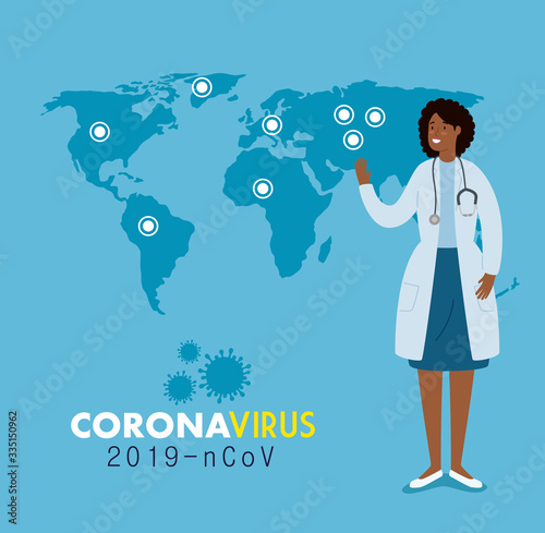 doctor female and map world with infections 2019 ncov vector illustration design
