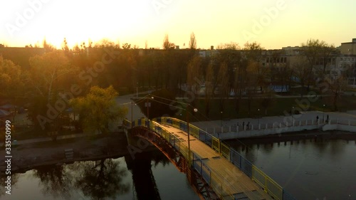 man on the bridge drone sunset video, 4k video