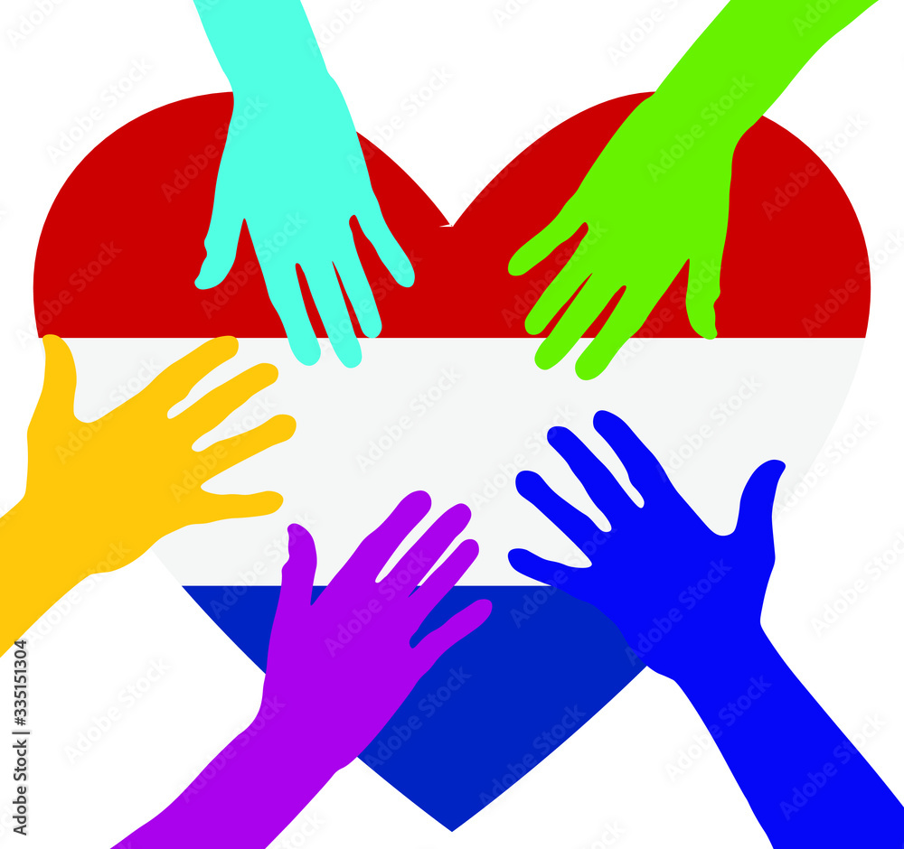 Care and charity concept - hands on the Netherland Flag Heart. Patriotic concept. People raising their hands to become volunteers.