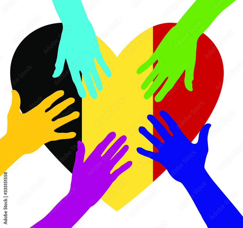 Care and charity concept - hands on the Belgium Flag Heart. Patriotic concept. People raising their hands to become volunteers. The concept of big problems because of the coronavirus pandemic.