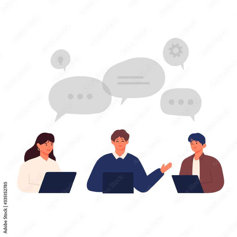 business people having discussion online and working from home with speech bubbles cartoon hand drawn style flat vector design human character illustration business people having discussion online and working from home with speech bubbles cartoon hand drawn style flat vector design human character illustration