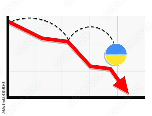 Ukraine flag with red arrow graph going down showing economy recession and shares fall. Crisis, Ukraine economy concept. For topics like global economy, Ukraine economy, banking, finance