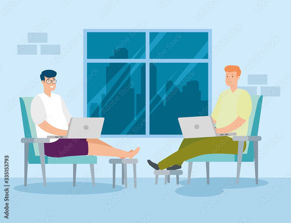 men working at home with laptops sitting in chair vector illustration design men working at home with laptops sitting in chair vector illustration design