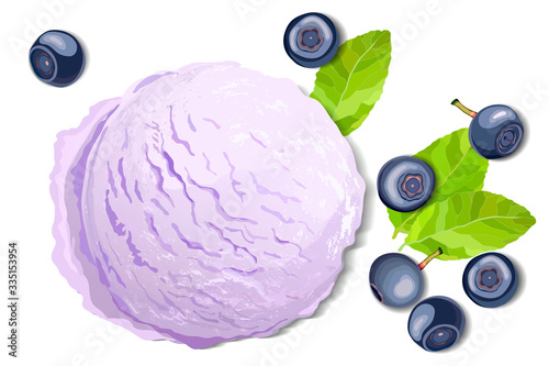 Violet ice cream with blueberry isolated on white background, top view