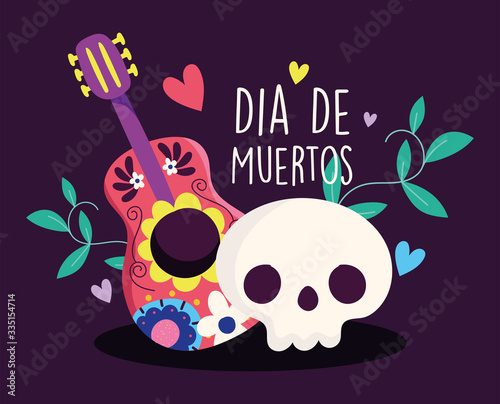 day of the dead, catrina and guitar flowers decoration traditional celebration mexican