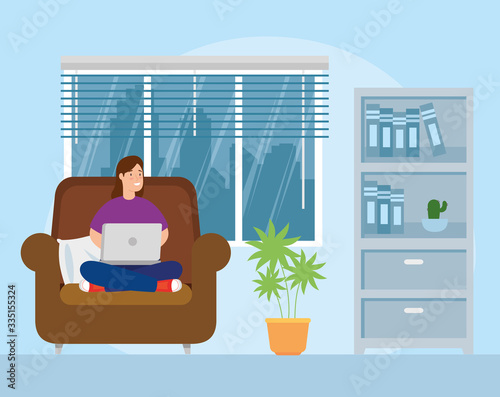 scene of woman working at home in living room vector illustration design