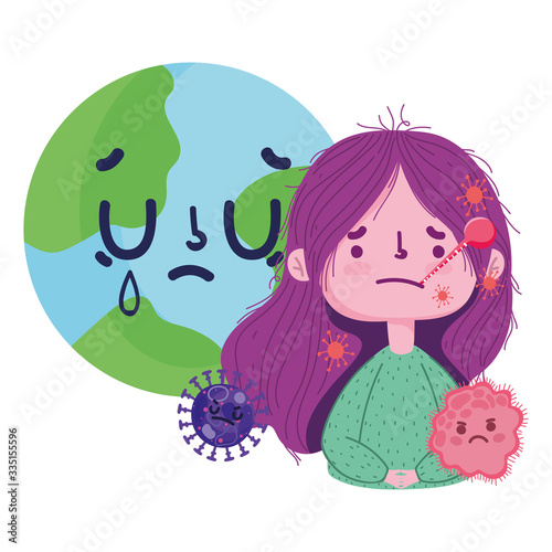 covid 19 coronavirus pandemic, sick girl with thermometer world crying
