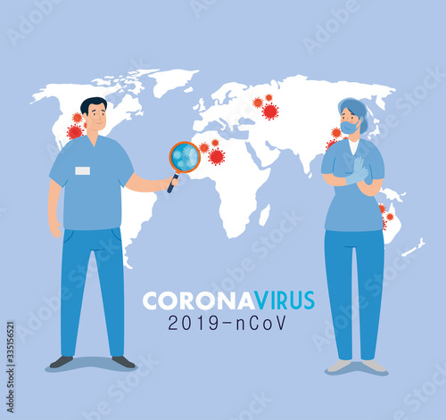 couple paramedic for attention of 2019 ncov vector illustration design
