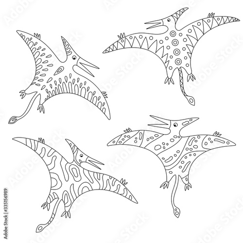 pterodactyl doodle black stroke on white background. ornamented dinosaur black outline 