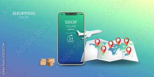 Online delivery service concept, online mobile order tracking,Delivery home and office. City logistics. Warehouse, truck, forklift, courier. vector illustration.