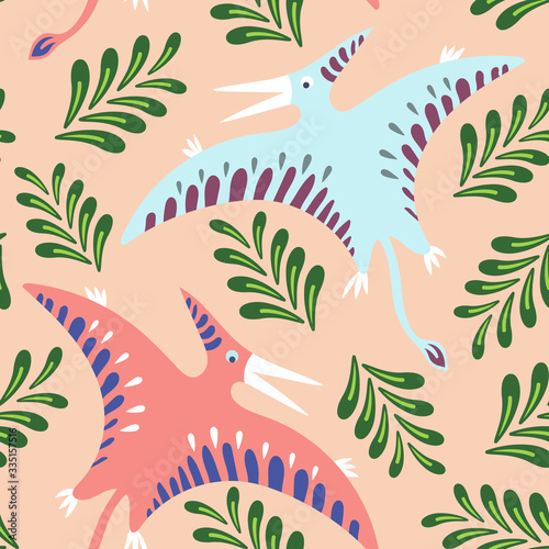 pink and blue pterodactyl seamless pattern with green leaves on pink background