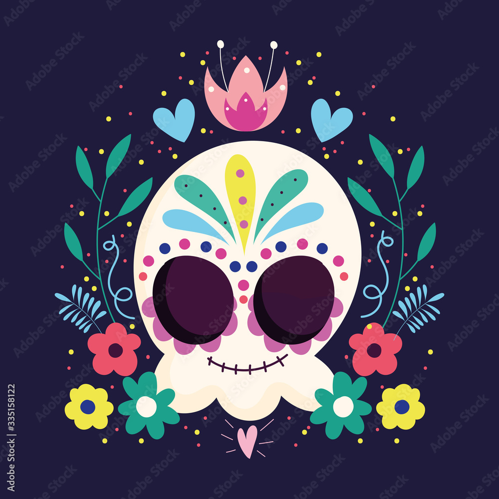 day of the dead, catrina skull flowers frame leaves traditional mexican celebration