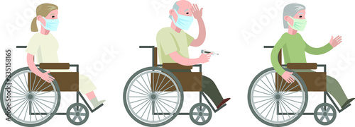 Elderly people in wheelchairs in white protective masks protect themselves from the coronavirus (2019-nKoV), one person with a temperature is holding a thermometer. Risk group for coronavirus. Vector 