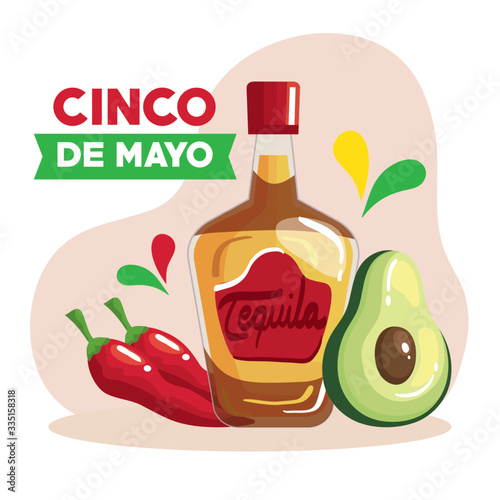 cinco de mayo poster with bottle tequila and decoration design