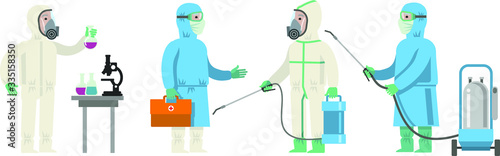 Doctors in protective suits, masks and glasses. Coronavirus prevention, protection and treatment, safety features and vaccine development for coronavirus (2019-nKoV). Vector infographic in flat style.