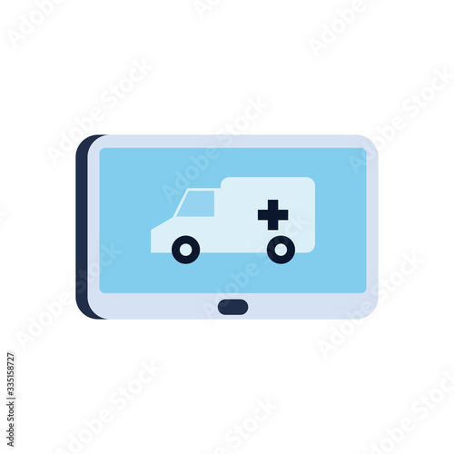Ambulance with cross inside tablet flat style icon vector design