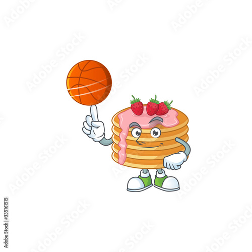 An athletic strawberry cream pancake cartoon design style playing basketball
