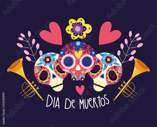 day of the dead, catrinas flowers trumpets hearts decoration traditional celebration mexican