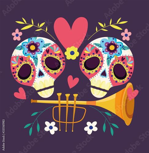 day of the dead, catrinas with trumpet flowers decoration traditional celebration mexican