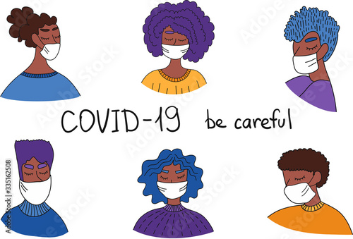 People in medical masks. Stay safe concept. Group of people wearing medical masks to prevent disease, flu, air pollution, contaminated air, world pollution.