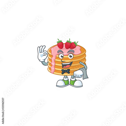 A strawberry cream pancake waiter cartoon character ready to serve