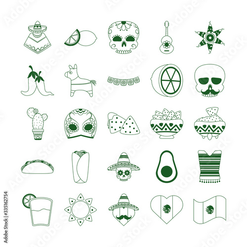 cinco de mayo mexican celebration festive party national icons set line style icon